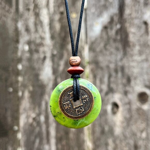Green Canadian Jade Lucky Coin Pendant Necklace | Handmade - Picture 4 of 6